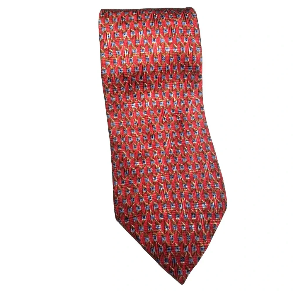 Robert‎ Talbott Red Geometric Foulard Print Blue Brown Pointed Tie USA